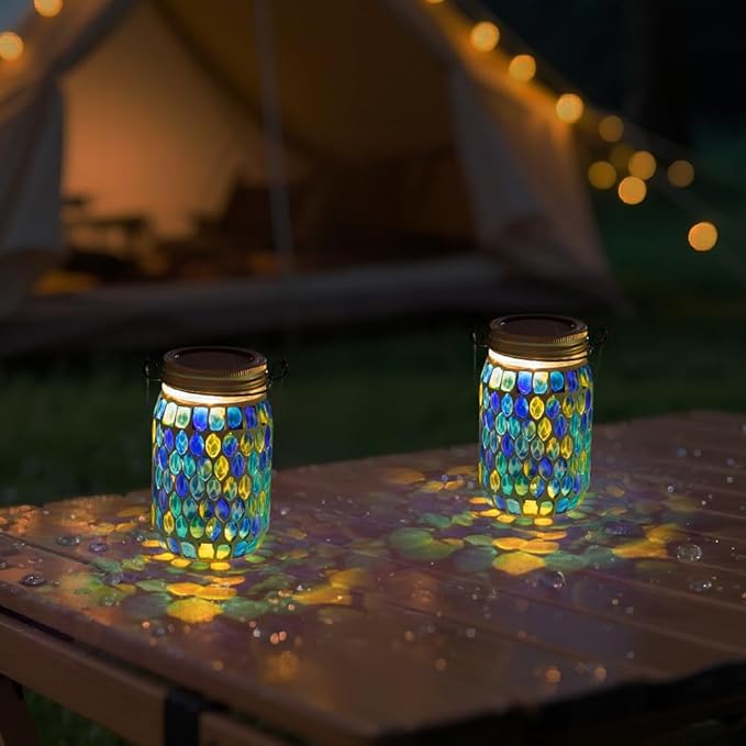 Starsoul 4 Pack Solar Lanterns Outdoor Waterproof, Decorative Teal Mosaic Glass Outdoor Lantern, Hanging Solar Garden Lights for Outside Pathway Patio Porch Yard Table, Gifts for Women Mom Grandma