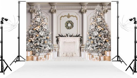 Kate 10×6.5ft (3×2m) Christmas Tree Photo Backdrop Xmas Palace Classic Indoor White Fireplace Gifts Decoration Photography Background for Christmas New Year Photographer Studio Props