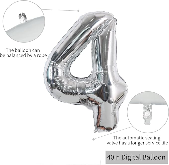 TONIFUL 40 Inch Silver Large Numbers Balloons 0-9, Number 4 Digital 4 Helium Foil Mylar Big Number Balloons for 2026 Graduation New Year Eve Birthday Party Anniversary Supplies Decorations