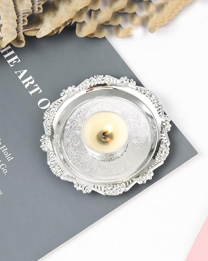 2PCS Coffee Table Tray 5.9in Round Decorative Tray Vintage Metal Dessert Plates for Snacks Fruit Silver