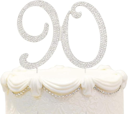 Bling Crystal Rhinestone 90 Birthday Cake Topper - Best Keepsake | 90th Party Decorations Silver