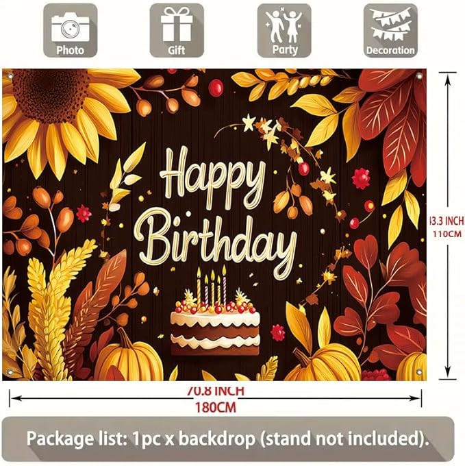 Happy Birthday Porch Banner 71x43 Inch, Large Autumn Theme Backdrop with Sunflowers ActFirst Pumpkins Leaves and Cake, Birthday Party Decorations for Indoor Outdoor Yard Patio