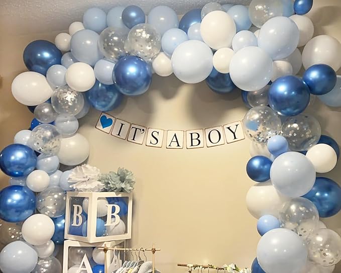 KARLURE Blue Balloon Arch Kit Garland, Baby Blue Balloons White Silver Confetti Balloons for Boy Baby Shower Decorations Birthday Gender Reveal Bridal Shower Wedding Graduation Ocean Party Decorations