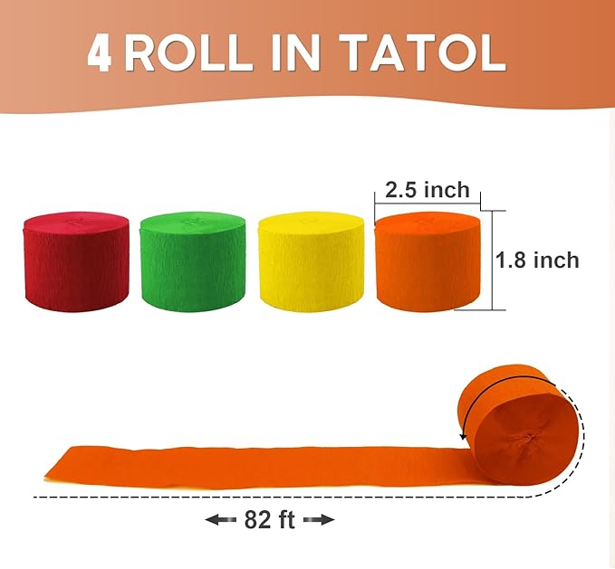 4 Rolls Crepe Paper Red Orange Yellow Green Streamers – Perfect for Streamers Party Decorations, Wedding, Birthday, Colored Decor, and DIY Craft Supplies(1.8 Inch x 82 Ft/Roll)