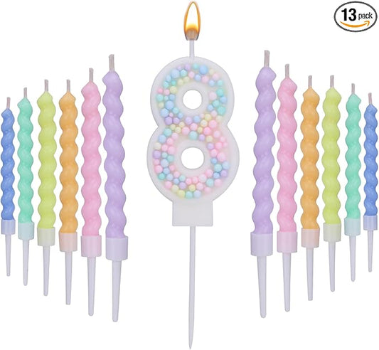 Number 8 Birthday Candles for Cake with 19 Pieces Spiral Candles with Macaron Pastel Rainbow Pink Cake Toppers for Girls Happy Birthday Party Decorations
