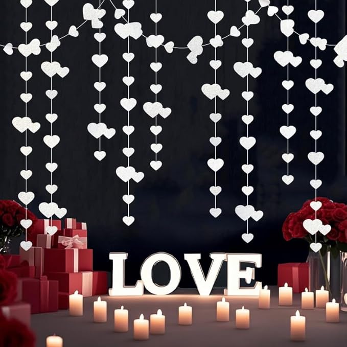 White Hanging Heart Garland Sparkling Love Streamer Glitter Bunting Banner Twinkle Heart Backdrop for Wedding Engagement Valentines Galentines Birthday Party Decor 40 Feet