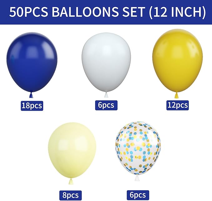 Blue and Yellow Balloons Set, 50Pcs 12 Inch Royal White Confetti Latex Balloons for Wedding Anniversary Baby Shower Birthday Party Decorations