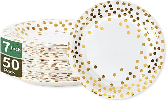 Gold Dots Party Paper Plates, 50 PCS Disposable Party Supplies Dessert Paper Plates for Birthday,Wedding Birdal Christmas Baby Shower (7 inches)