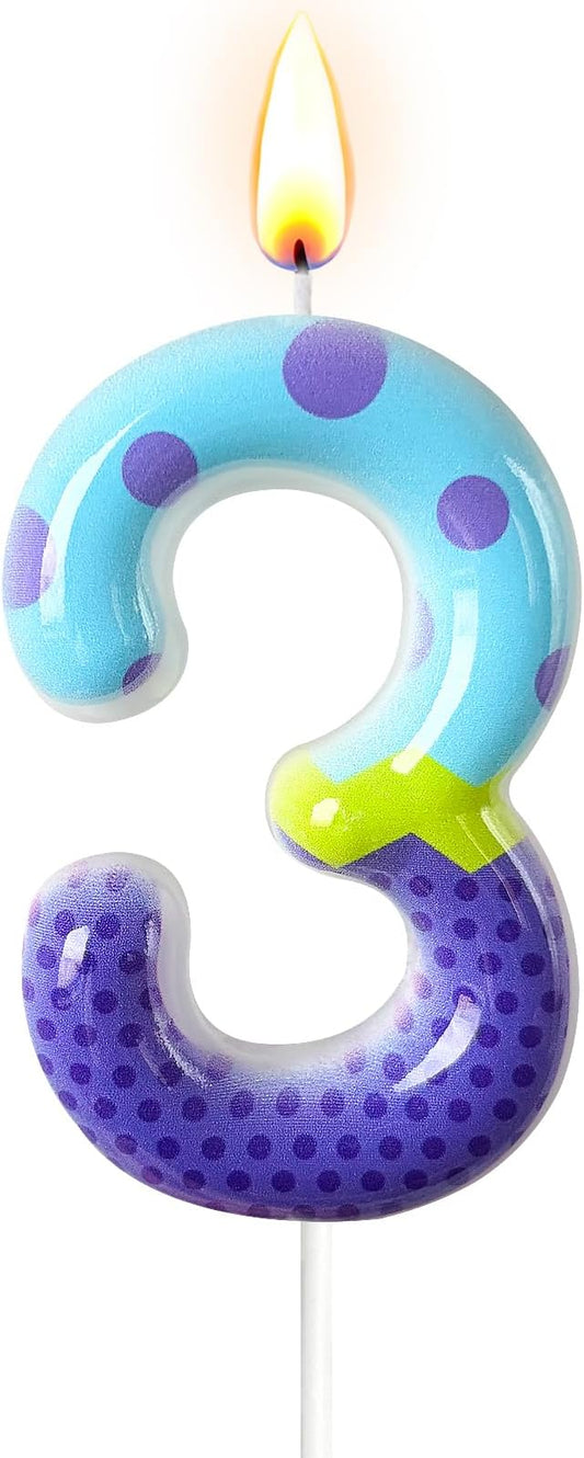 Number 3 Birthday Candle for Cake – Colorful Polka Dot & Patchwork Design – Fun Cake Topper Decoration for Birthday Celebration
