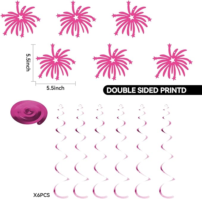GOGOBAY Hot Pink Happy Birthday Decorations - 7PCS Pre-Strung Banner & Hanging Decorations for Girls' Birthday Party