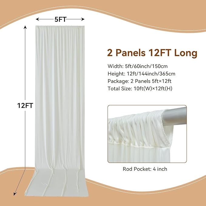 10ft×12ft Wrinkle Free Ivory Backdrop Curtain for Wedding Parties, 2 Panels 5×12ft Long Soft Silky Polyester Backdrop Drapes Cream Photo Back Drop Curtains for Party Photography Background Cloth