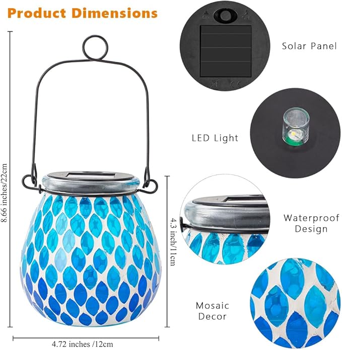 Starsoul Solar Lanterns Outdoor Waterproof, Elegant Blue Glass Mosaic Solar Lantern, Solar Hanging Lights Outside Patio Porch Yard Decor