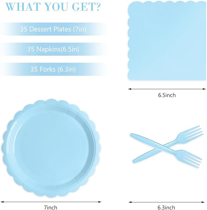 105PCS Paper Plates and Napkins Set, 7 Inch Scalloped Disposable Tableware with Forks for Birthdays, Garden Parties & Outdoor Events, Serves 35 (Light Blue)