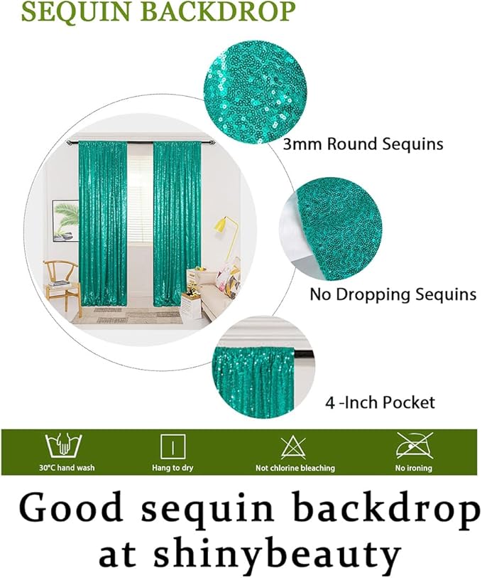 ShinyBeauty Sequin Curtains 2 Panels 2FTx8FT Teal Glitter Curtain Backdrop Party Background Drapes for Wedding Christmas New Year (2FTx8FTx2PC, Teal)