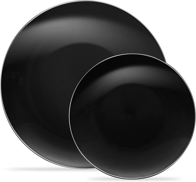 PLASTICPRO 128 Piece Combo Plates Set - 64-7" & 64-10" Black Plates with Silver Rim - Premium Heavyweight, Disposable