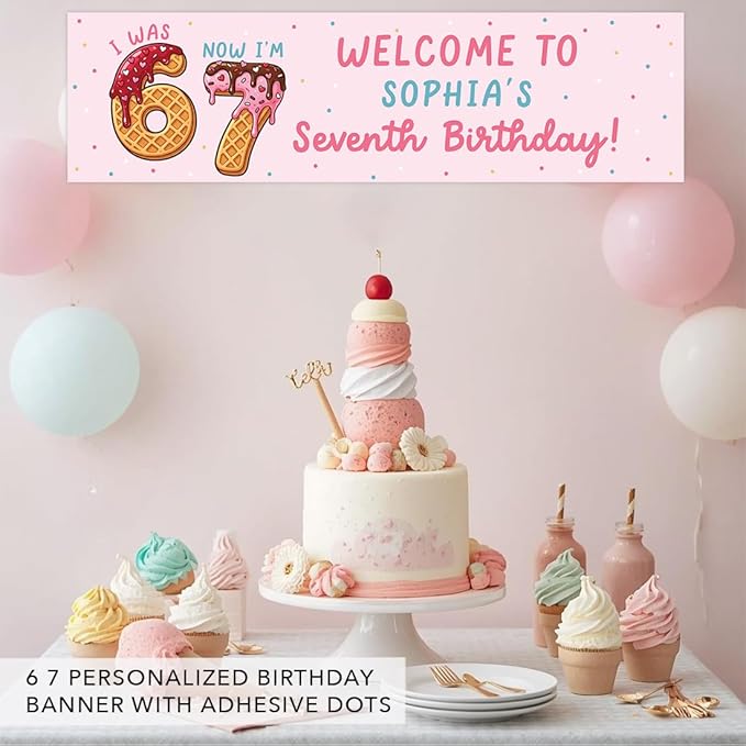 Andaz Press 13x48 Inch Custom 6 7 Birthday Banner Decorations, Personalized Birthday Banner with Custom Name, Ice Cream Theme 67 Happy Birthday Party Banner for Boys or Girls, Home or Party Décor