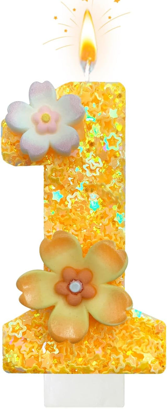 Yellow Birthday Candle, Flower Number Birthday Candles for Cake, Ideal Birthday Parties Cake Decor, Wedding Anniversary and Other Celebrations (1 Candle, Yellow)