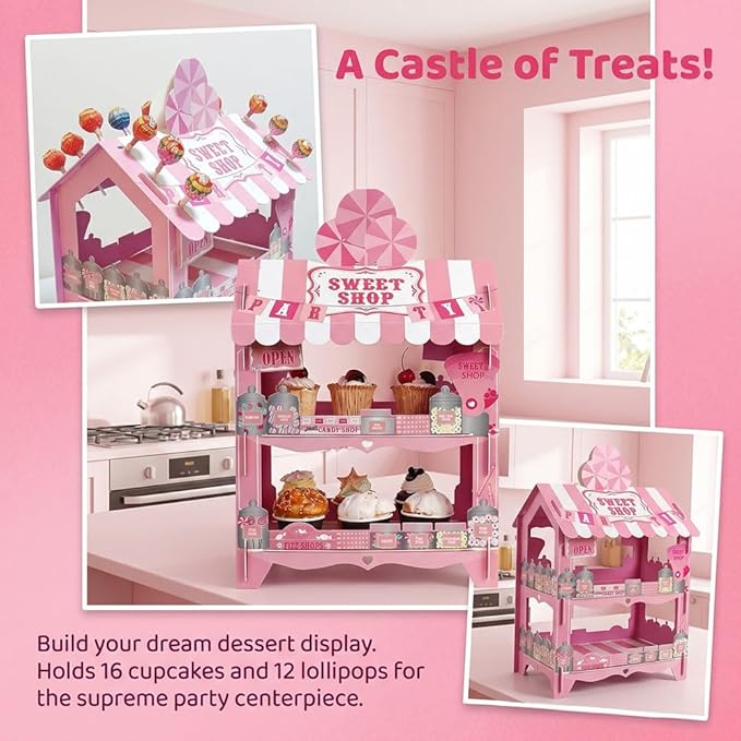 Candy Castle Cupcake Stand 2 Tier - Holds 16 Cupcakes + 12 Lollipops on Roof, Pink Dessert Display for Birthday Theme Party Decorations, Sweet Treat Holder for Cake Candy Buffet