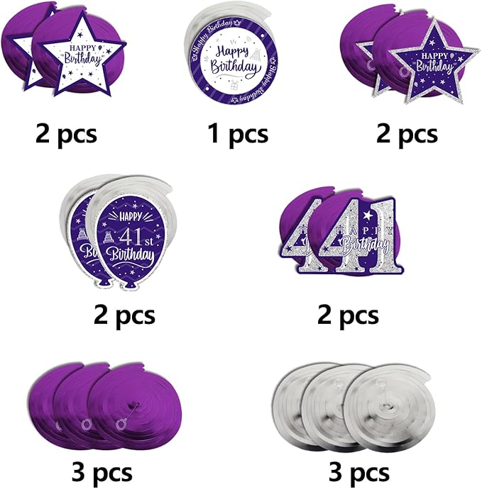Happy 41st Birthday Purple & Silver Glitter Swirls Streamers Party Decorations - 15 Pcs 41st Birthday Hanging Swirls Streamers Kit,Perfect for 41st Bday Party Sign.