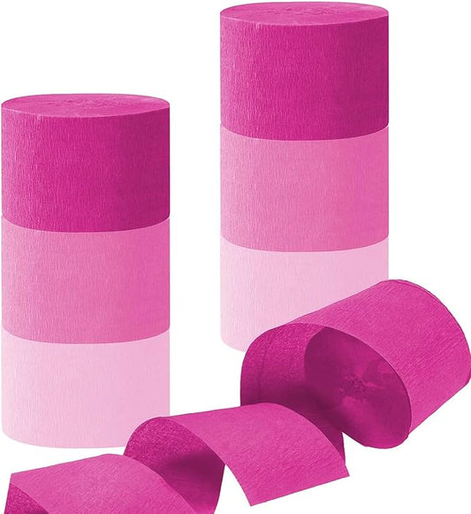 GAKA Pink Crepe Paper Streamers 1.8 Inch Wide 82 Feet Per Roll,6 Rolls 3 Color,Party Streamers for Wedding Birthday Party Decorations