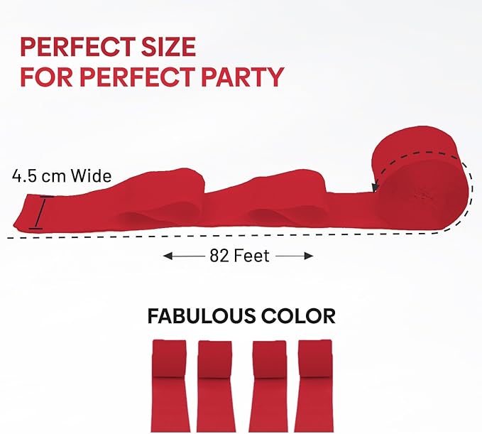 Captain Décor 4 Red Streamers, 382 FT Pack of 4 Red Crepe Paper Rolls, Streamers Party Decorations for Anniversary, Birthday, Wedding, and Other Celebrations (82 ft x 1.8 in/Roll)