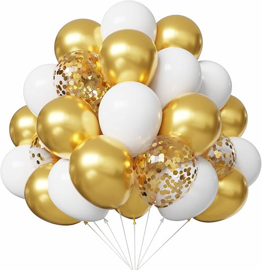 YMSZ White and Gold Confetti Balloons, 67pcs 12 Inch Gold and White Latex Balloons for Birthday, Baby Shower, Wedding, Engagement, Bridal Shower Party Decoration