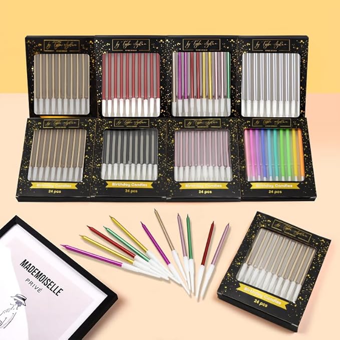 by Tugba Aydan - Rainbow Birthday Candles - 24 Count Long Thin Rainbow Birthday Candles for Cake, Metallic Cake Candle for Birthday, Party Candles