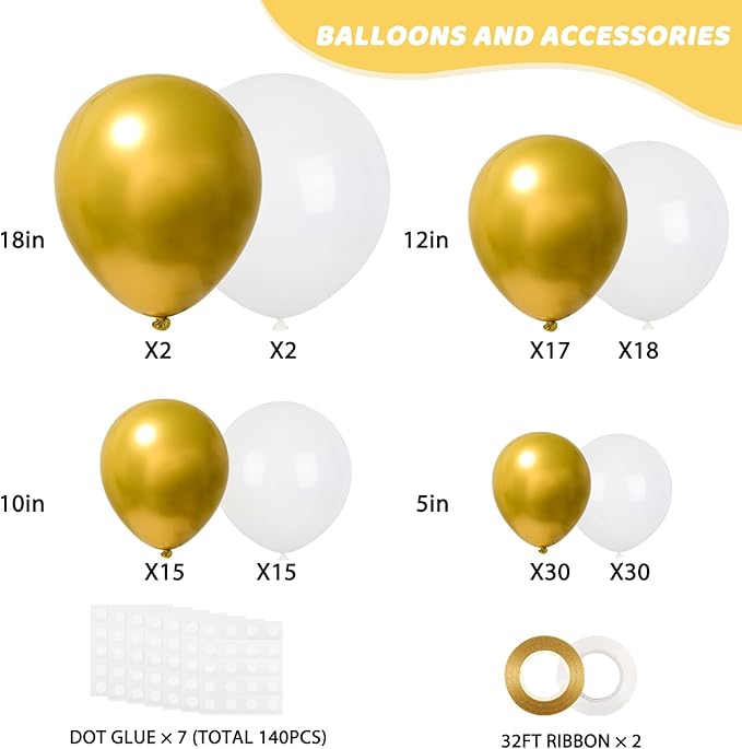 RUBFAC White and Gold Balloons 129pcs Different Sizes Pack of 18 12 10 5 Inch, Latex Balloon Garland Arch Kit for Birthday Party Wedding Holiday Baby Shower Decoration