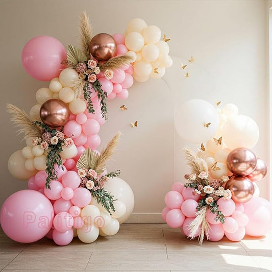 Pink Ivory Rose Gold Balloon Arch Kit – Double Stuffed Light Pink Cream White Balloons with Gold Butterflies for Baby Shower, Bridal, Birthday, Princess, Engagement, Garden Party Decorations