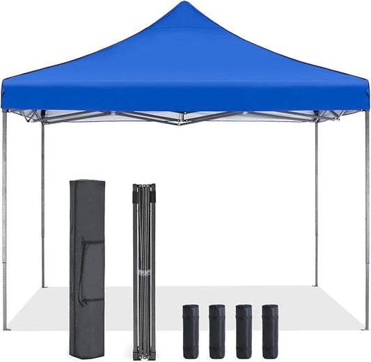 OLIXIS 10x10 Ft Pop Up Canopy Tent, Waterproof Portable Outdoor Shade Canopy with Sand Bags for Beach, Backyard Parties & Events, Royal Blue