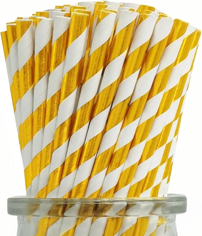 Disposable Gold and White Paper Drinking Straw, Pack of 100 Foil Gold Striped Straws for Cocktail, Cake Pop Sticks, Brithday, Wedding, Christmas Party Decoration