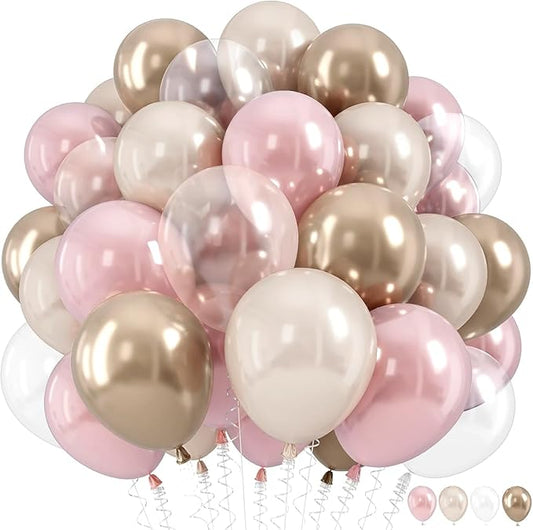 Dusty Pink and Gold Balloon, 12 Inch Double Stuffed Pearl Pastel Blush Pastel Pink Light White Metallic Gold Latex Balloons for Women Girls Birthday Baby Bridal Shower Wedding Boho Party Decorations