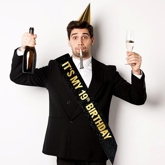 It's My 19th Birthday Sash for Men Women, Black Glitter Sash with Gold Foil