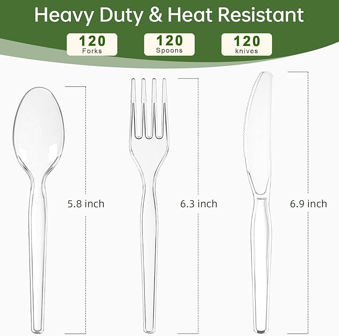 Heavy Duty Plastic Cutlery Set, 360 Count Disposable Cutlery Set with Clear Forks Spoons and Knives, BPA-Free Heat Resistant Silverware, Plasticware Bulk for Parties, Catering, Picnic