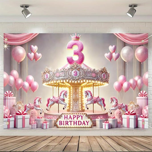 1PC 79x47 Inch Pink Carousel 3rd Birthday Party Backdrop Banner with Happy Birthday Text Balloons and Gift Boxes for Girls Birthday Celebration Indoor Outdoor Wall Door Porch Decoration