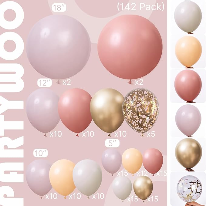 PartyWoo Dusty Pink Balloon Arch Kit Garland 142pcs Different Sizes of 18 12 10 5 Inch Blush Rose Pink Nude White Sand Gold Confetti Boho Balloons for Baby Shower Birthday Wedding Party Decorations