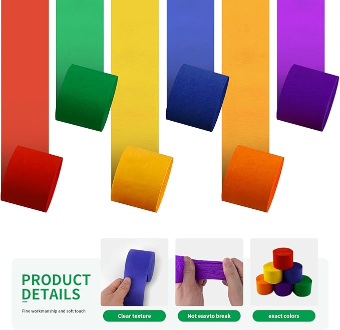 6 Rolls 738ft Crepe Paper Streamers, 6 Colors Party Streamers for Party Backdrop Craft Tissue Paper Decorations Wedding Birthday Graduation Decor DIY Supplies - 2.2 Inch x 123 Ft/Roll