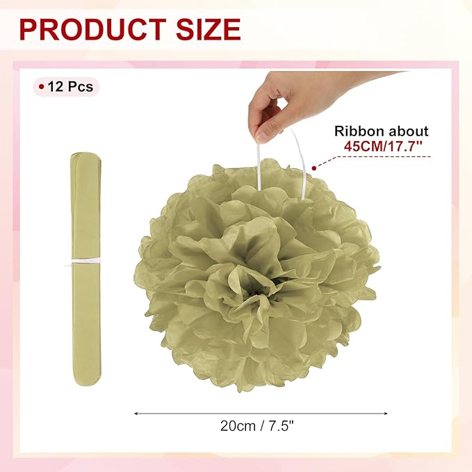PATIKIL 8inch Tissue Paper Pom Poms, 12PCS Pom Poms Paper Flowers Ball Tissue Paper Flowers for Wedding Bridal Shower Birthday Bachelorette Party Backdrop Decoration, Gold