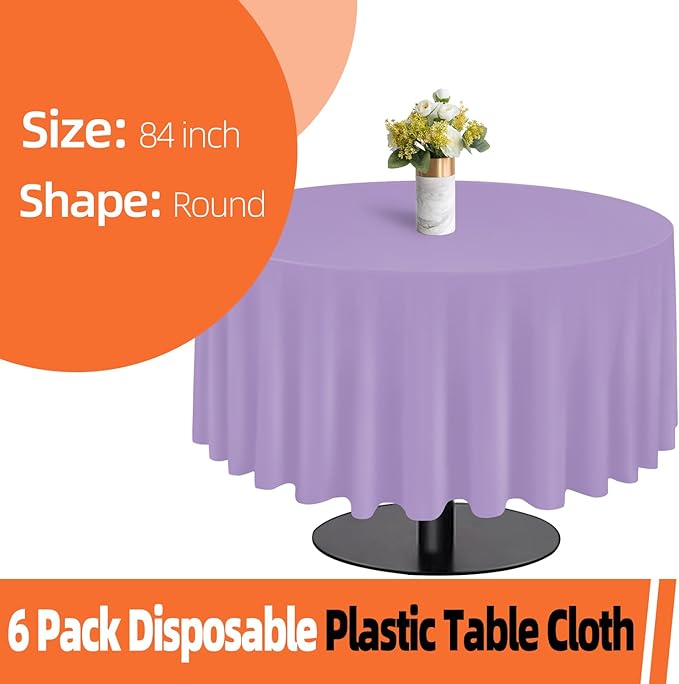 tujol Lavender 6 Pack Plastic Table Cloth 84", Disposable Round Tablecloth Table Cover, Plastic Tablecloths for Parties
