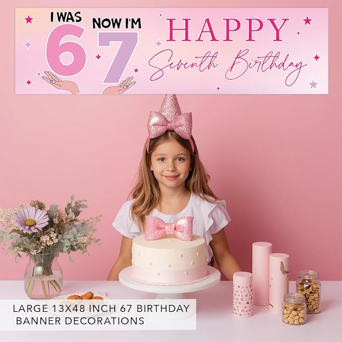 Andaz Press 13x48 Inch 6 7 Birthday Banner Decorations, I Was 6 Now I'm 7 Birthday Banner Pastel Purple Pink 67 Happy Birthday Party Banner for Girls, Home or Party Decor Backdrop Sign with Adhesive