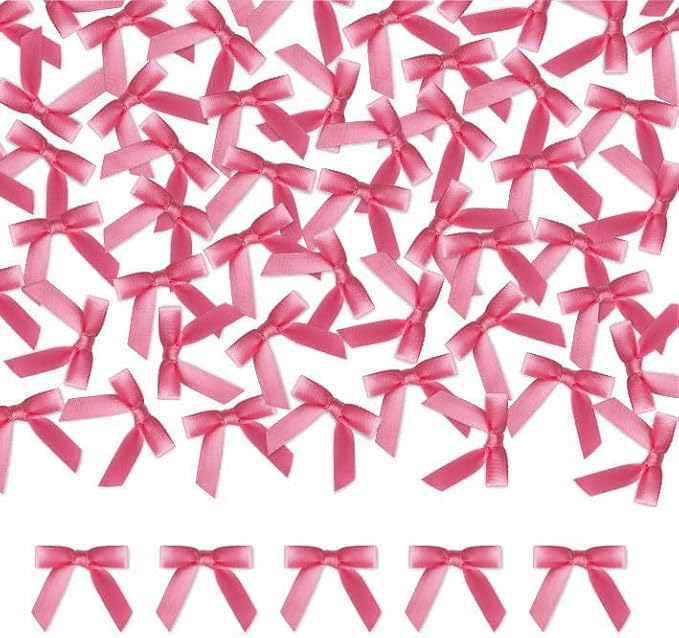 Meseey 100 Pcs 1.5 Inches Premade Craft Bows Self Adhesive Hot Pink Satin Ribbon Bows for Treat Bags Gift Wrapping Basket Wedding Baby Shower Brithday Party(Hot Pink)