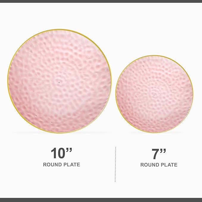 PLASTICPRO 128 Piece Combo Plates Set includes 64-7'' inch Plate & 64-10'' inch Plates Pink Hammered Plastic Party Plate Premium heavyweight Elegant, Disposable, Tableware, Dishes,