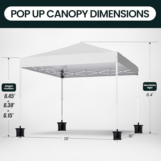 Shades 10x10 Pop Up Canopy, Heavy Duty Beach Tent with Carrying Bag for Easy Moving, Sun Shelter for Parties, Events, Camping, Outdoor Gazebo with 420D PU Coated Waterproof White Fabric