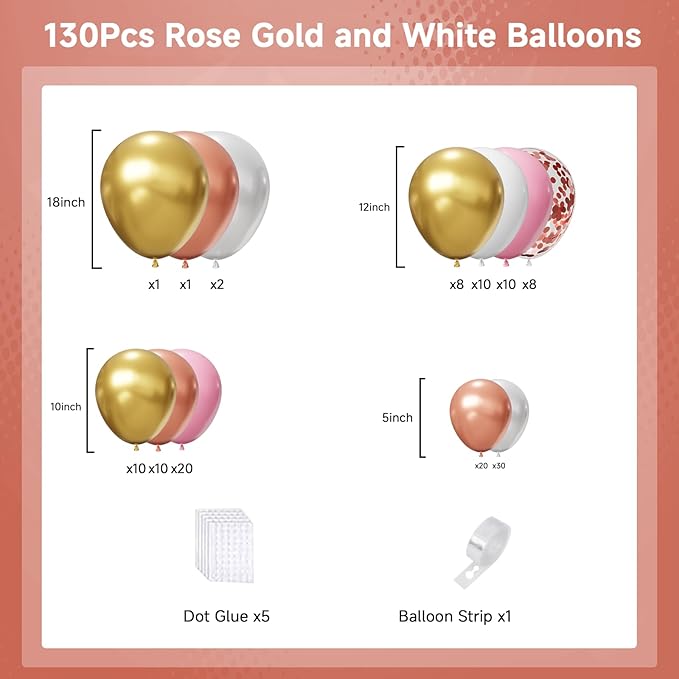 Rose Gold Balloons Arch Kit,130pcs Pearl Metallic Rose Gold Balloon Garland,Different Sizes White and Gold Latex Balloons for Wedding Bridal Baby Shower Birthday Party Decorations for Women