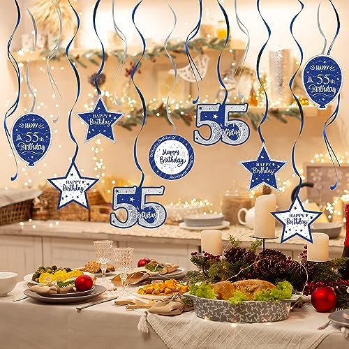 Happy 55th Birthday Blue & Silver Glitter Swirls Streamers Party Decorations - 15 Pcs 55th Birthday Hanging Swirls Streamers Kit,Perfect for 55th Bday Party Sign.