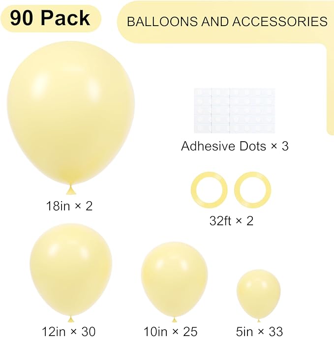 Voircoloria 90pack Pastel Yellow Balloons Different Size 18/12/10/5 Inch Pastel Yellow Balloon Garland Arch Kit for Graduation, Wedding, Birthday, Princess, Baby Shower, Anniversary Party Decorations