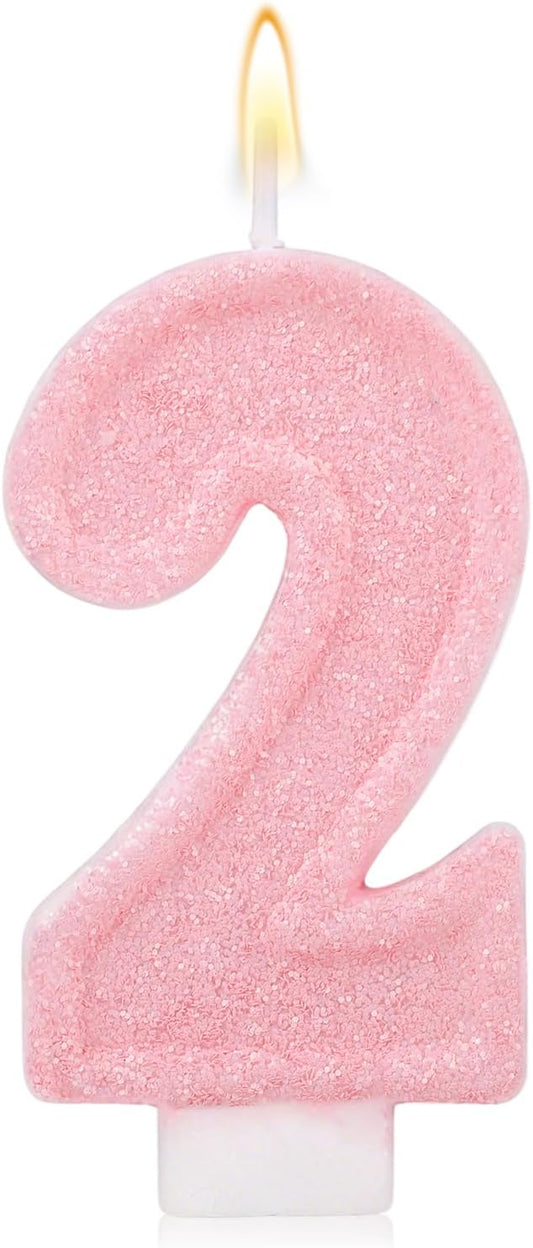 Pink Number Birthday Candles, Romantic Cake Glitter Pink Number Candles Anniversary Cake Topper Decoration Cute Birthday Party Supplies for Wedding Anniversary Celebration Supplies (2)