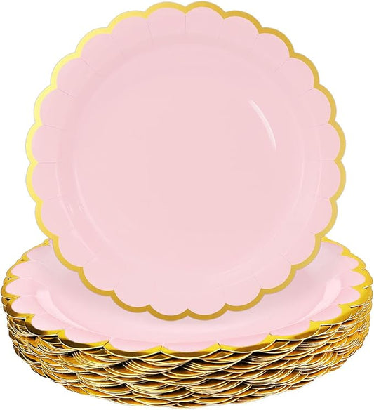 HEIPINIUYE 50 Pieces Light Pink Paper Plates with Gold Foil 7 Inch Disposable Pink Scalloped Dinner Plates for Wedding Baby Shower Birthday Party Dessert Plate