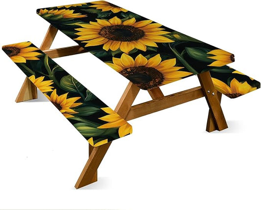 ANNA QUEEN 6FT Sunflower Picnic Table Cover with Bench Covers Spring Picnic Table Cover Set 3PCS 72"x30", Outdoor Bench and Tablecloth Furniture Protection