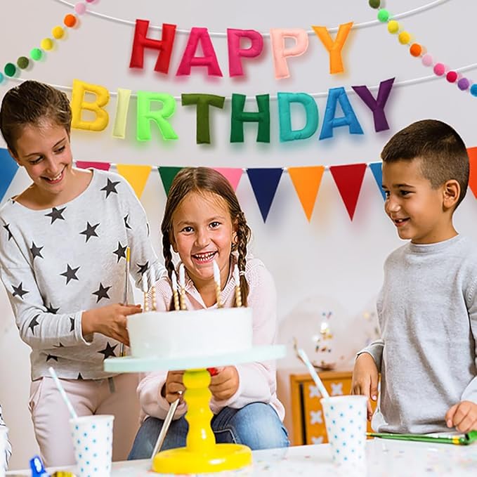 Pre-Strung Happy Birthday Banner, Felt Ball Garland Happy Birthday Garland, Rainbow Decorations Decor Party Pennant, Multicolor Bunting String Triangle Flags Bulk Rainbow Bunting